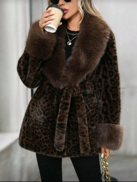 EMERY ROSE معطف نسائي أنيق بطبعة نمر، طويل الأكمام، من الفرو الاصطناعي