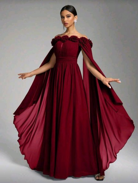 SUPGIR فستان شيفون أنيق مع كيب منحرف الكتف ذو أكمام فضفاضة كبيرة، خصر مطوي، ديكور زهري