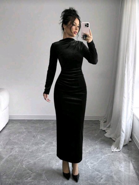 Selianne فستان طويل من المخمل الأنيق للنساء مزين بكشكشة غير متماثلة مع شق في الذيل باللون البرجندي