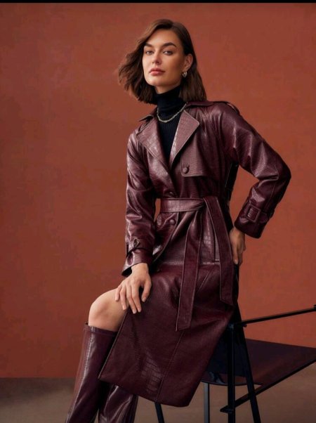 MOTF PREMIUM معطف ترينش طويل به حزام وياقة التقاليد بنمط تمساح