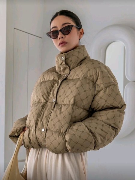 DAZY معطف منفوخ ذو كتف منخفض بطباعة هندسية، ملابس شتوية للنساء، معطف شتوي للنساء