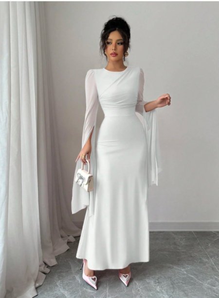 Elenzga فستان طويل أنيق بأكمام مشققة وياقة على شكل حرف V لون أحادي للنساء