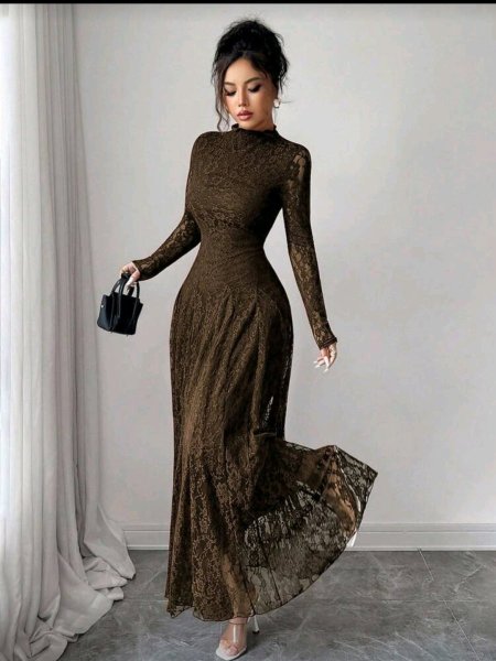 Modelyn رمضان فستان نسائي بياقة عالية وخصر مشدود بالدانتيل باللون الأحمر