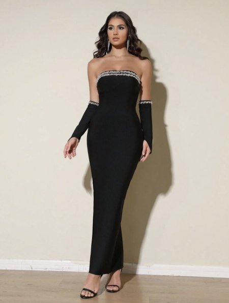 Love Aing فستان سهرة أنيق للنساء باللون الأسود مزين بالراين ستون مع شق جانبي مثير، مناسب للحفلات الراقية والزفاف وضيوف الحفلات والمناسبات الرسمية والسهرات الفاخرة