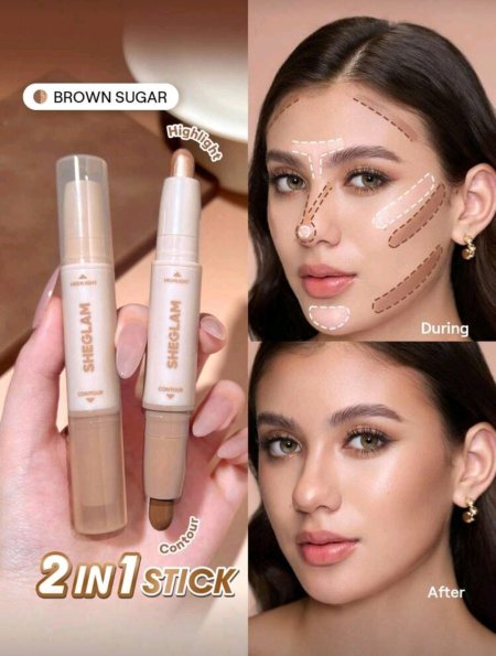 SHEGLAM 2-In-1 عصا كونتور وهايلايتر-Brown Sugar كنتور علامة تجارية جمال مكياج ميكب مستحضرات تجميل للنساء الفتيات مثالي لفصل الشتاء الربيع مثالي ل- Y2K أزياء أنيقة رمضان هدية حفلة جاهز أفضل لون
