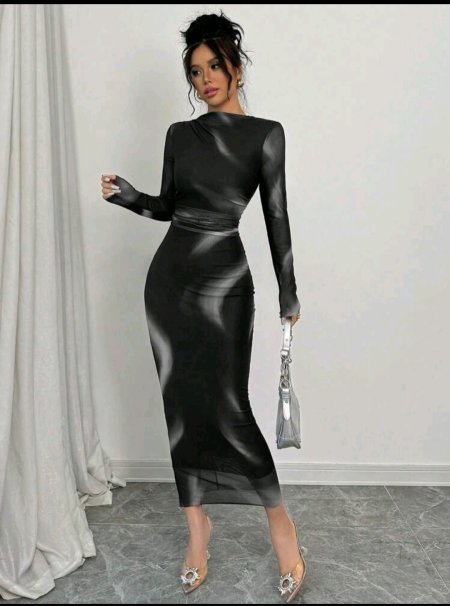 Elenzga فستان ماكسي شبكي للنساء بطبعة أومبير مرن وأنيق