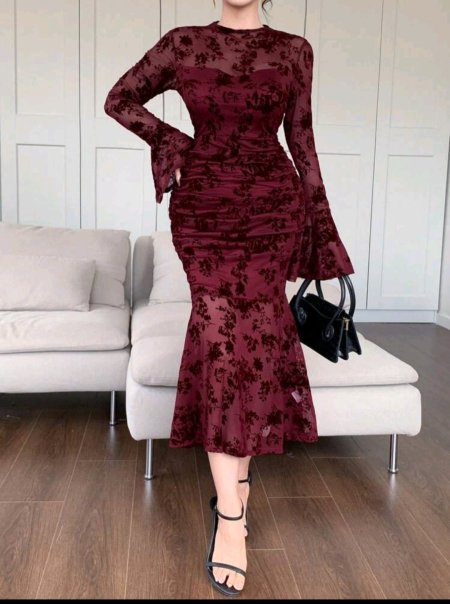DAZY فستان نسائي طويل الأكمام بأكمام جرس وطبعة زهرية، فستان طويل للخريف، فستان نسائي أحمر طويل الأكمام لعيد الحب، فستان ماكسي