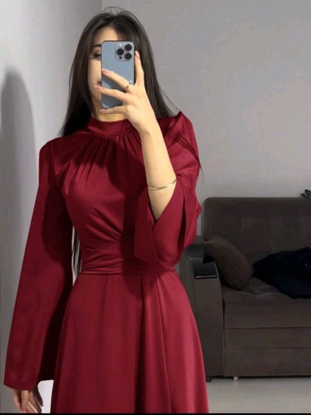 فستان أنيق وحشمة للنساء بياقة عالية وحزام خصر، أكمام طويلة مفرغة من القماش الساتان، باللون البرغندي، مناسب للربيع والخريف وعيد الفطر