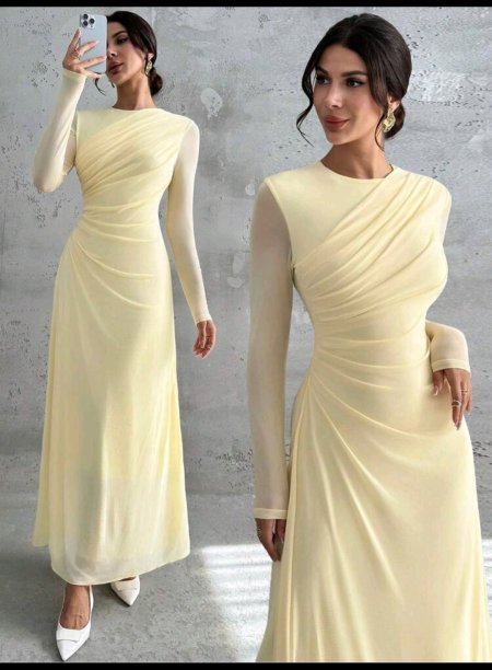 Firerie فستان ماكسي أنيق للنساء بأكمام طويلة وياقة مستديرة وخصر منتفخ، لون أصفر فاتح، مناسب للمناسبات الرسمية والعمل والعطلات والحفلات والأسلوب الكلاسيكي