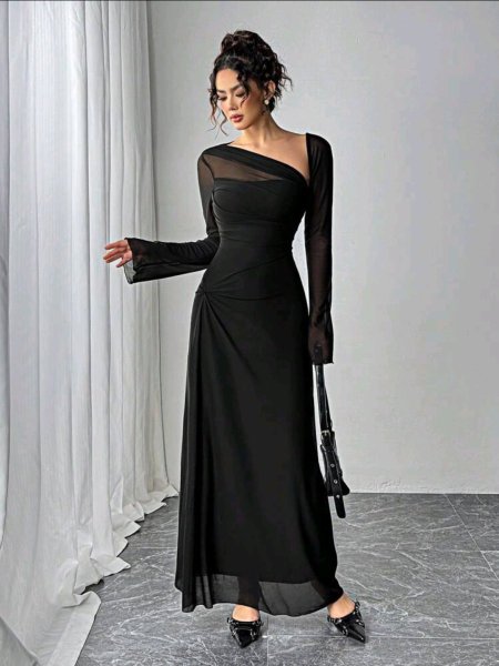 Siren Gaze فستان نسائي طويل قصات أسيمترية ورقبة مائل وخصر منتفخ وأسفل متدرج من شبكة سوداء، فستان مناسب للأعياد والأيام المشمسة، فستان طويل الأكمام أسود