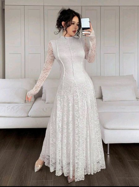 Feyla فستان طويل أنيق من الدانتيل الأبيض للنساء