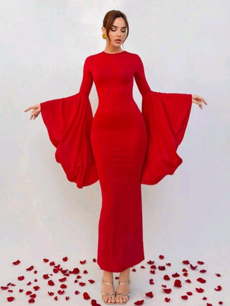 Aloruh فستان أحمر طويل ممتد بأكمام جرس أنيق وخصر مربوط للسيدات لمناسبة عيد الحب