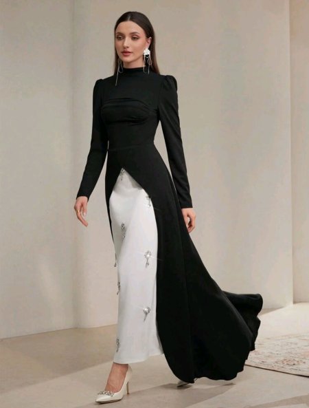 Modelyn فستان سهرة طويل للنساء، أنيق بتفاصيل من الراين وشق عالي بتصميم ألوان متباينة