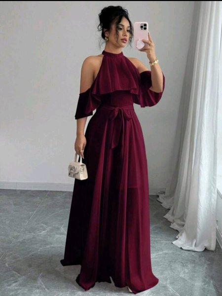 Elenzga فستان أنيق رومانسي للنساء بخط A وكشكشة على الكتف وذيل