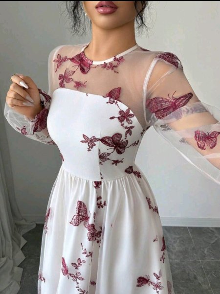 SHEIN Elenzya فستان نسائي جديد أنيق وراقي للحفلات والمناسبات الرسمية، مبطن بشبكة متعددة الطبقات مزين بطرز فراشات ثلاثية الأبعاد، مناسب للنساء من عمر 20 إلى 35 سنة وما فوق (التطريز عشوائي)