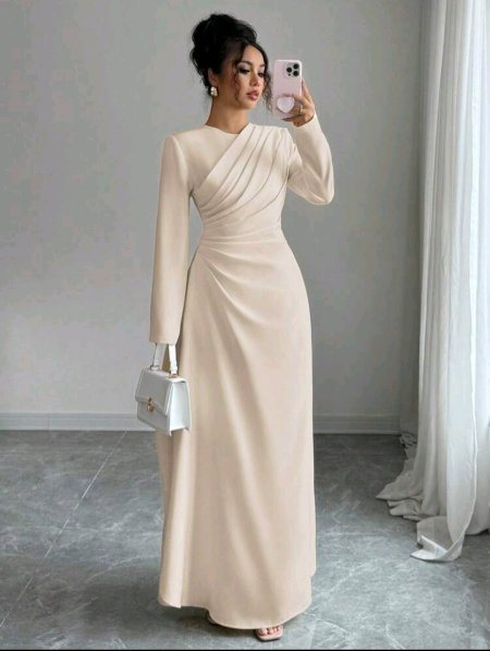 Elenzga فستان ماكسي أنيق للنساء بأكمام طويلة وياقة مستديرة وخصر منتفخ وتنورة مطوية على شكل حرف A، لارتداء في المناسبات الرسمية والعمل والعطلات والحفلات والأسلوب الكلاسيكي، باللون الأصفر الفاتح