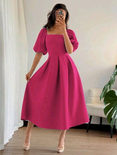 Elenzga فستان نسائي أنيق بتصميم بسيط ذو لون واحد، بياقة طاقم وذيل مكسر وأكمام منتفخة قصيرة، مناسب للذهاب إلى العمل والمناسبات الرسمية والكاجوال والعطلات والحفلات والشاي بعد الظهر