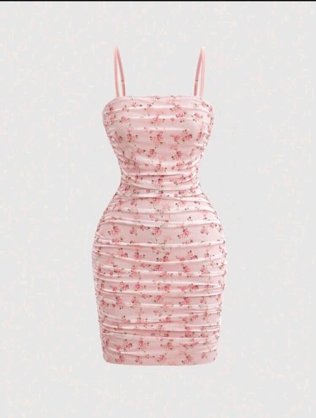 SHEIN MOD فستان بحمالات رفيعة مكسّر بماتيال شبكي زهري
