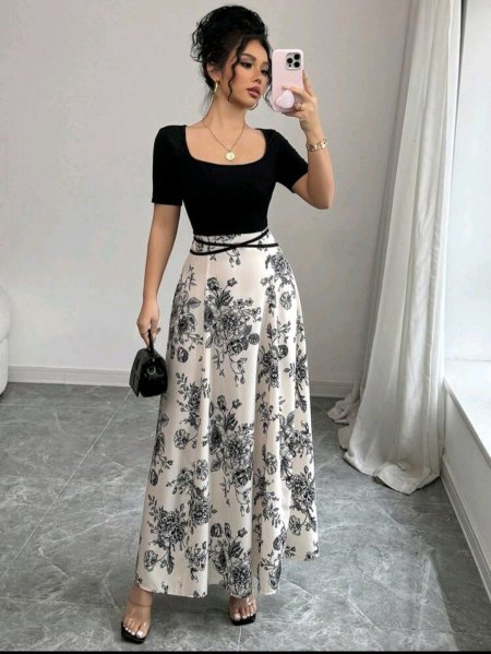 Selianne فستان نسائي أنيق ذو تناسق رفيع مع ياقة مربعة وأكمام قصيرة وربطة خصر، بطبعات أسلوب صيني