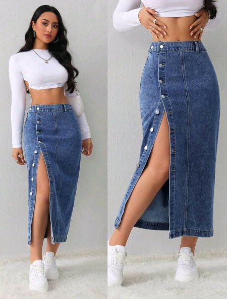 SHEIN Tall تنورة جينز نسائية غير رسمية فضفاضة ذات شق جانبي، تنورة طويلة من القماش الأزرق الفاتح، ملابس شتوية للنساء بتنورة زرقاء