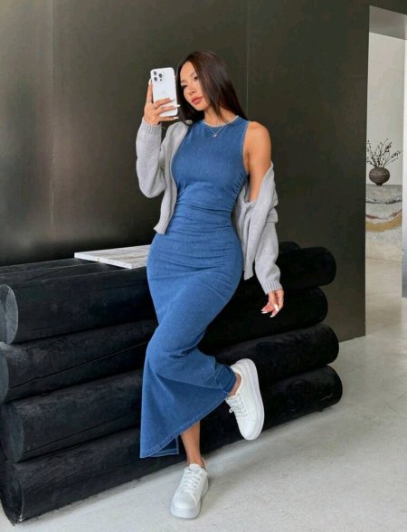 SHEIN ICON فستان جينز أكمام بلا أنثوي، مخيط بالضبط، مطاطي، أزرق