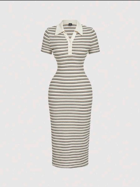 SHEIN MOD فستان متوسط الطول مناسب مع طوق بولو مخطط للارتداء اليومي والتنقل