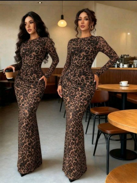 Rafferiza فستان نسائي أنيق طويل الأكمام شفاف مطبوع بنمط النمر، مناسب للربيع والخريف