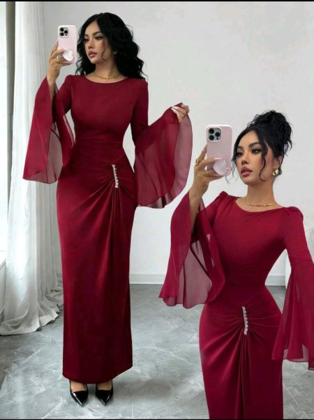 Rafferiza فستان حفلة أنيق مع أكمام طويلة وأساور مطوية من الشيفون مع خصر مضفر وحاشية من الدانتيل باللون البرغندي، مناسب للخريف والشتاء