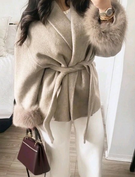 معطف نسائي طويل الأكمام من مزيج الصوف بتصميم بسيط وكاجوال أنيق للتنقل، بلون موحد مع رقعات من فرو صناعي، جاكيت خريفي