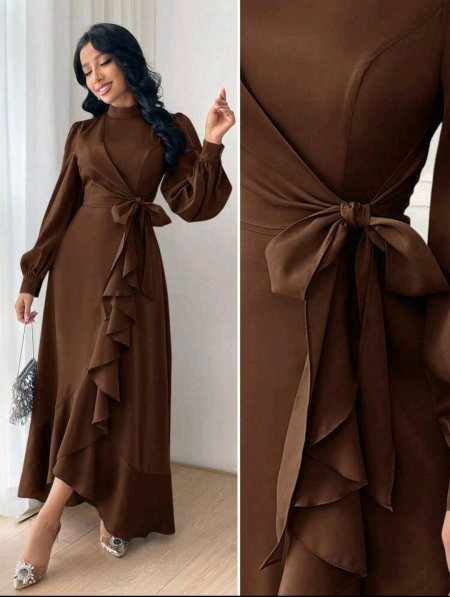 Modelyn فستان أنيق طويل الأكمام بحزام لون واحد للسيدات، فستان سهرة أنيق وطويل للسهرات والمناسبات المسائية