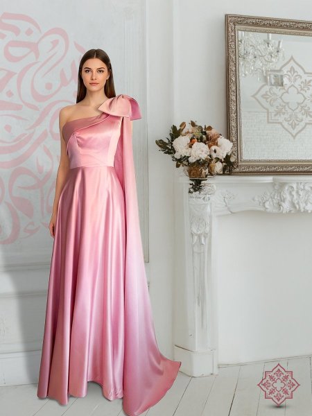 فستان ساتان ملكي زهر مع ببيونة وشاحط  على الكتف