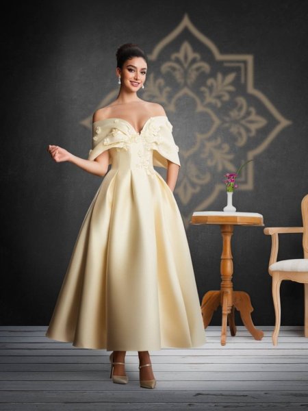 فستان اصفر ملكي بقماش الفاي