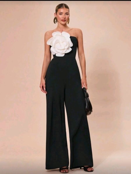 SHEIN BAE جمبسوت مقطعة بدون حمالات من قماش أسود والأبيض والأسود مزينة بزهور ثلاثية الأبعاد ، أنيقة لحفلات الكوكتيل ،المناسبات الرومانسية ، طبقة أساسية للخريف والشتاء ، الحفلات ،عيد الهالوين ،عيد الميلاد